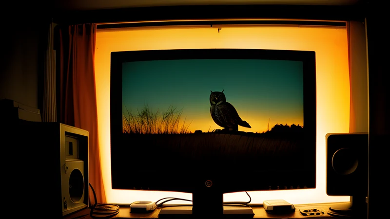 An owl silhouette against an airbrushed sky, lit by amber CRT glow and phosphor bloom in a dark room