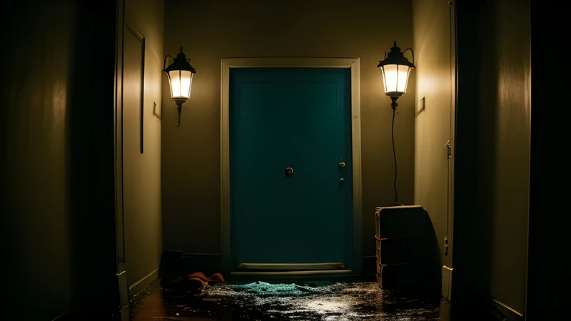 A rain-soaked tenement doorway lit by a single lamp