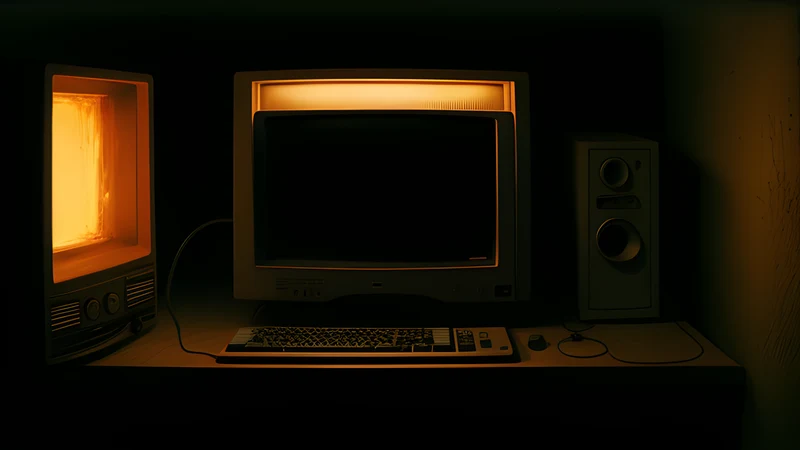 A heavy padlock hanging open with no key anywhere near it, lit by amber CRT glow and scanlines