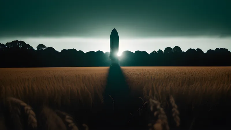 A rocket nose cone embedded in an English field behind a police cordon, in teal and amber repertory-poster light