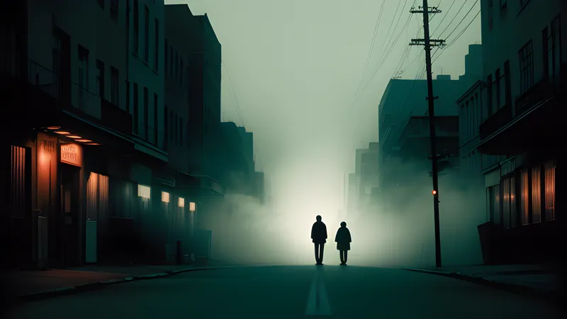 An empty city street at dawn with a single small figure standing in the middle of the road