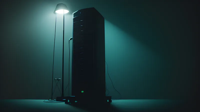 A single small server tower glowing steadily in a dark room, a faint halo of light around it