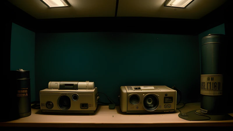 Two identical doorways side by side in a smoky dark room, one lit teal and one amber, repertory cinema poster styling with heavy grain