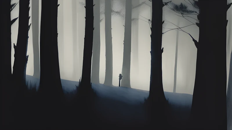 A torch beam cutting through dark pine trees toward a faint low glow, with a distant airbase perimeter in muted indigo night
