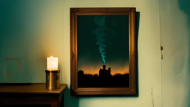 An empty gallery plinth holding a rubber monster mask under a museum spotlight, teal and amber smoke, heavy grain