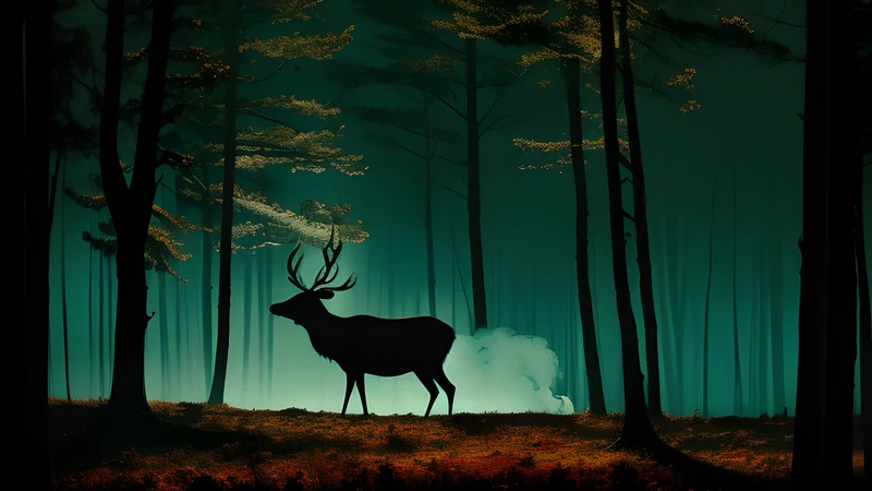 A dense northern forest at dusk with a gutted elk carcass hung high in the branches of a tree