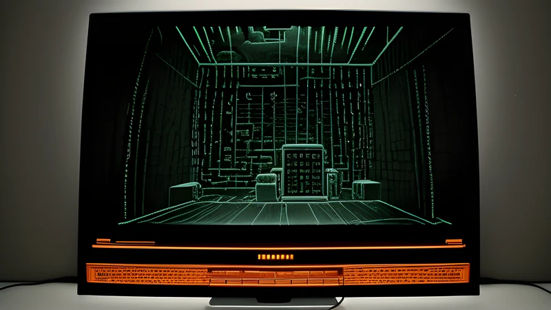 An ASCII dungeon map glowing in amber on a dark CRT screen, scanlines across the glyphs