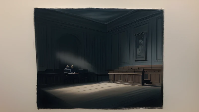 A 1980s courtroom bench and a child's crayon drawing pinned under a harsh interrogation lamp