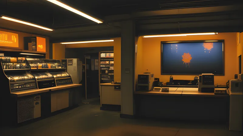 Two beams of console light crossing like duelling searchlights over a shop counter