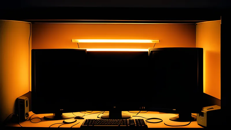 A faceted amber landscape of flat polygons receding under a single unblinking phosphor glow
