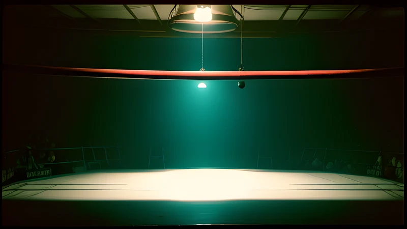 An empty boxing ring under a single hanging bulb, ropes catching the light