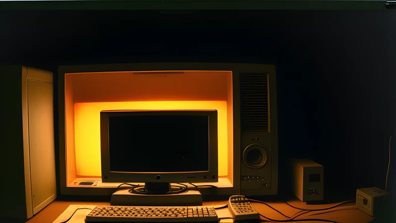 A floppy disk multiplying across the amber glow of a bulletin board screen in a dark room
