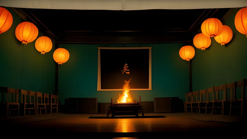 A lacquered temple hall with hanging paper lanterns and a burning Taoist talisman, teal and amber repertory poster