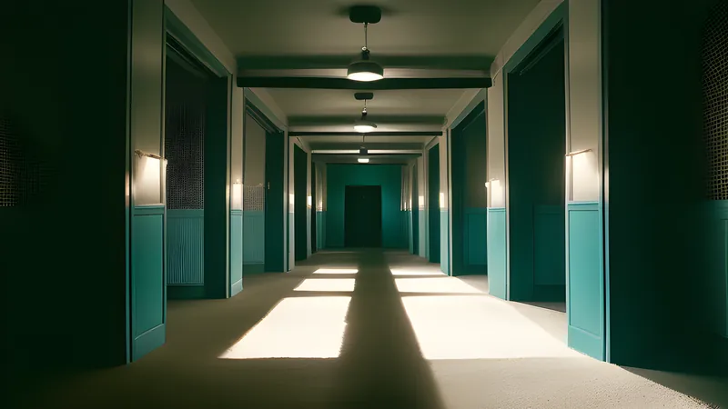 A desert laboratory with a corridor of white light, rendered as a repertory cinema poster