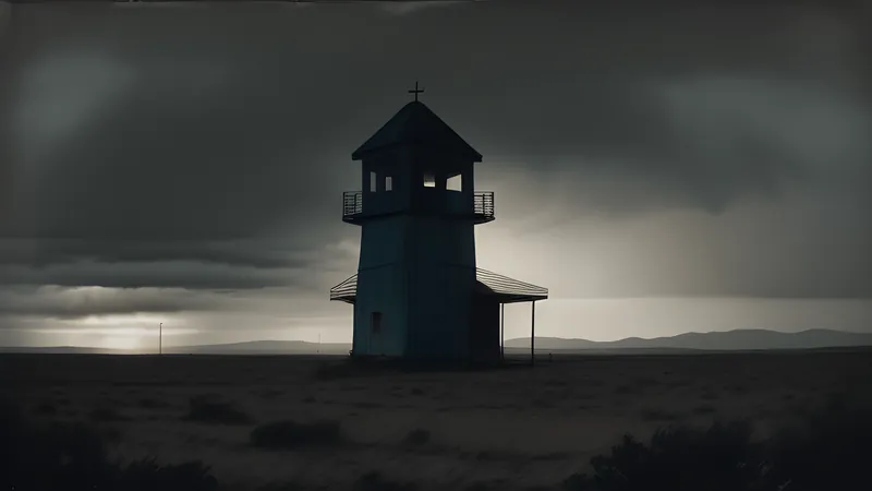 A fenced desert ranch under a dark sky streaked with strange lights, a lone watchtower silhouette