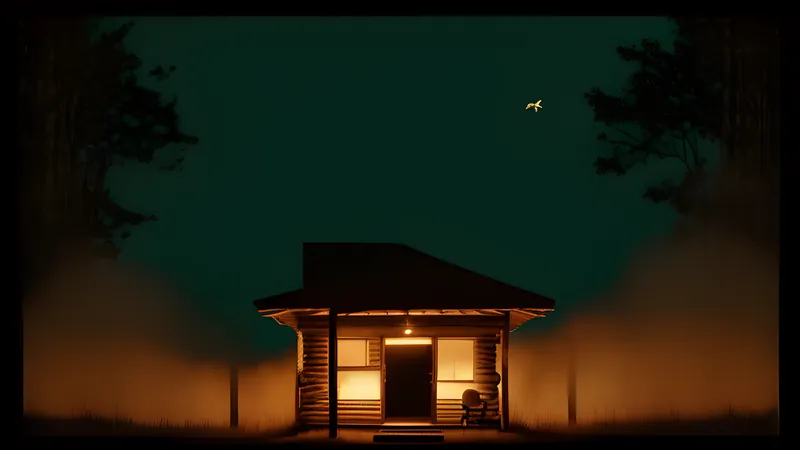 A summer camp cabin porch light swarmed by moths, with a dark shape at the treeline