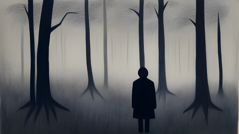 A tall faceless figure in a dark suit standing among bare forest trees, rendered like a child's crayon drawing