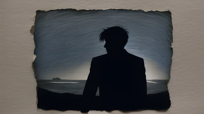 A man's silhouette slumped on a moonlit beach with a torn scrap of paper nearby