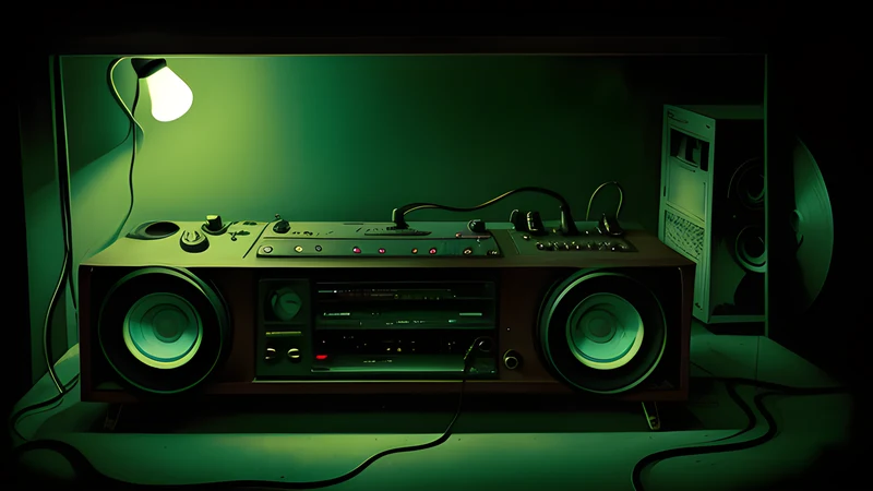 A lone microphone on a stand in an empty scoring stage, teal and amber, projector light through smoke