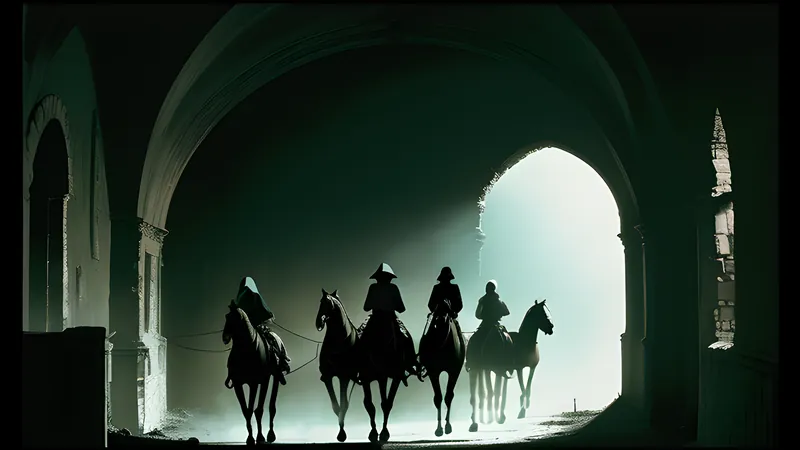 Hooded blind riders on skeletal horses crossing a ruined monastery courtyard