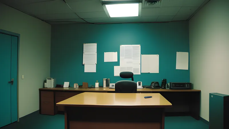 Repertory poster art of an empty government office chair beside a door, long shadow across the floor, teal and amber, projector light through smoke