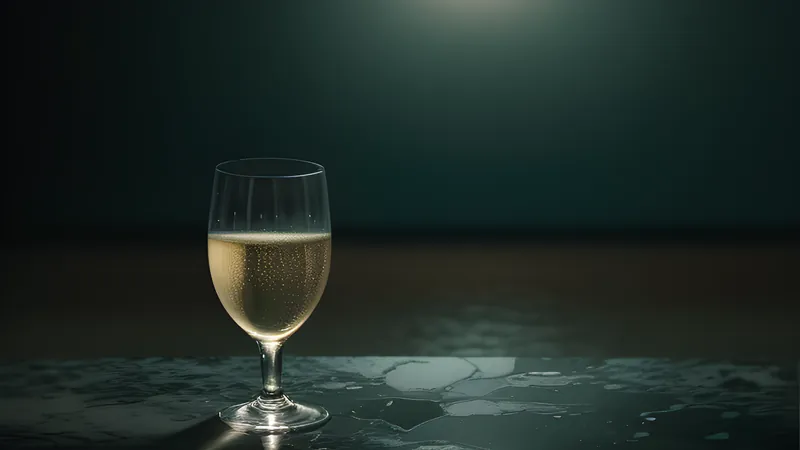 A champagne glass shattered on wet marble in the rain, teal and amber repertory-poster lighting