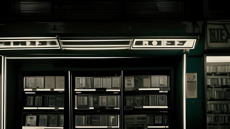 An empty video shop aisle at night, bare shelf pegs and one lit exit sign, teal and amber grain, smoke in the projector beam