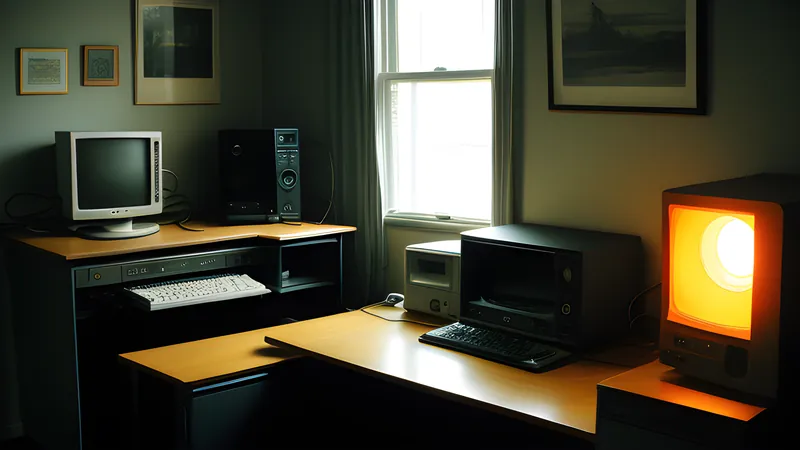 Dark studio office windows at night with boxed-up desks visible inside, amber CRT glow and scanlines