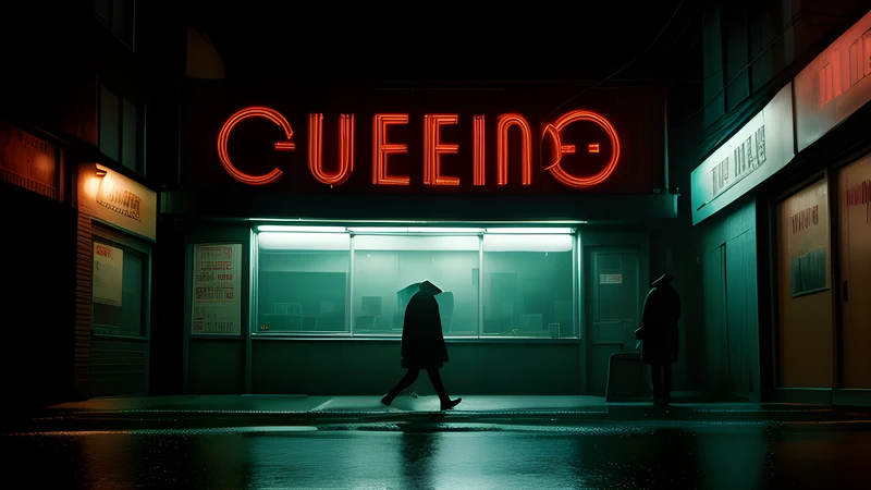 A cinema screen showing only a line of illegible subtitles, projector beam cutting through smoke, teal and amber repertory poster styling