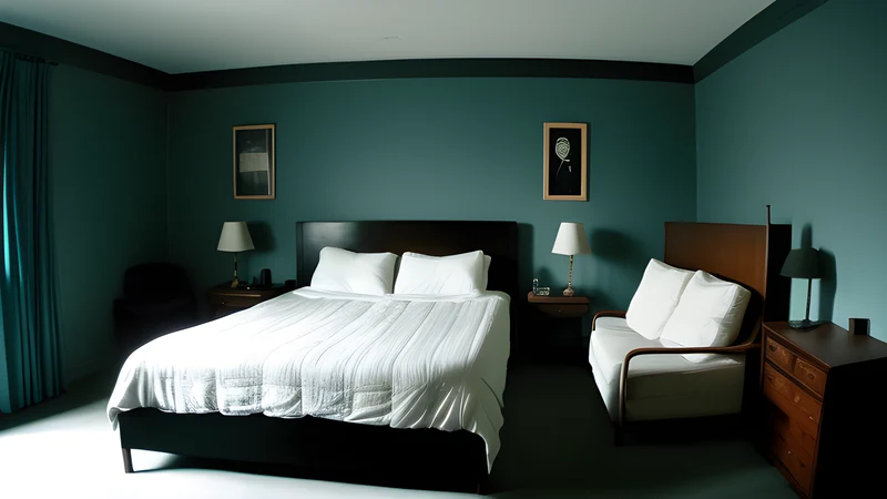 A dim bedroom with a camera rig on a tripod aimed at an empty, rumpled bed