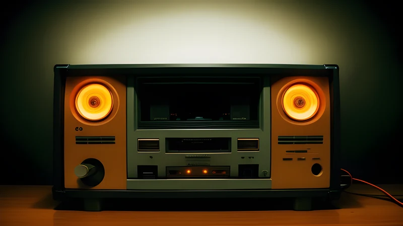A cassette deck with its three counter numbers glowing in the dark, lit in CRT orange and amber.