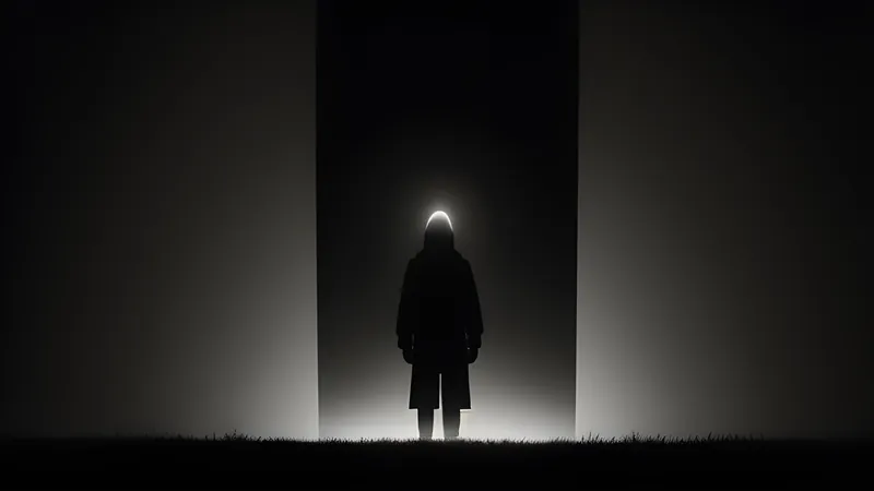 A glowing blinking cursor standing alone on a dark plane, radiating simple confident light outward