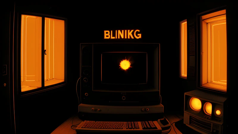 A blinking command prompt in a dark room, words standing upright like doorways, in CRT orange and amber.