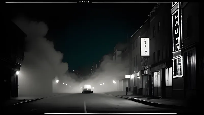 A 1937 city street ending abruptly in a green wireframe void, repertory cinema poster style