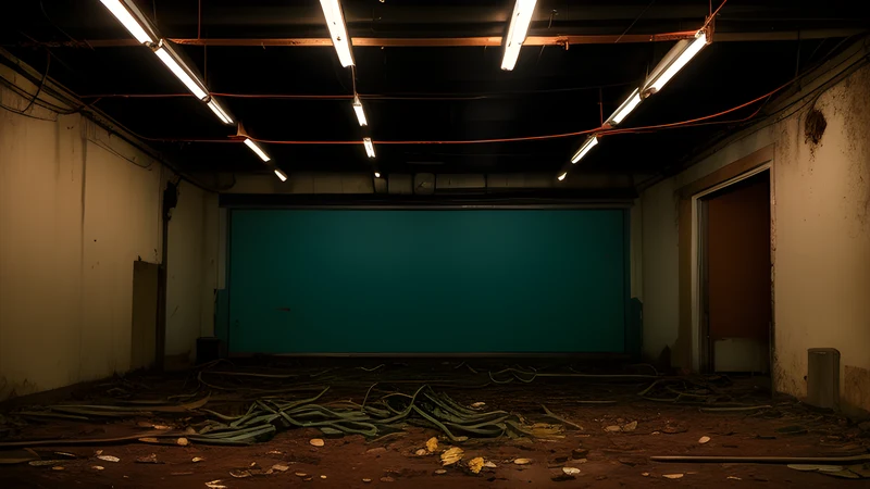 A single bare bulb over an empty chair in a tiled basement, teal and amber projector light cutting through smoke