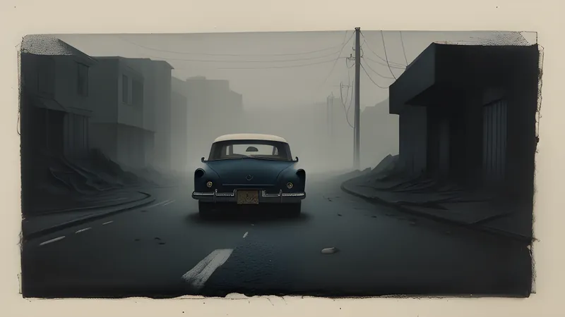 A cryptic message tile embedded in cracked city asphalt lit by passing headlights