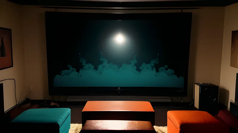 A repertory-cinema poster: hooded riders on a night beach dissolving into coloured light, teal and amber, projector light through smoke