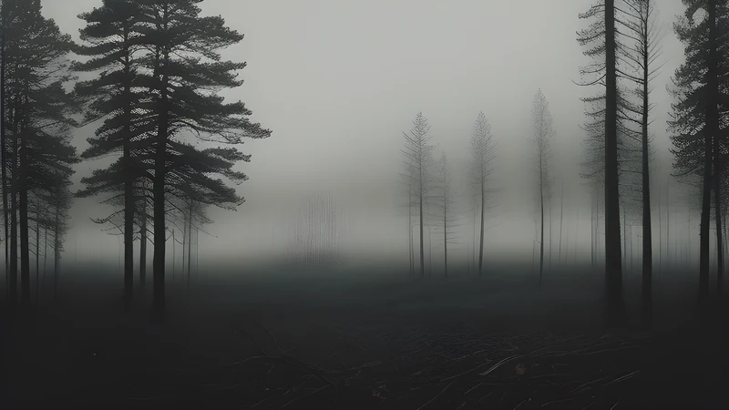 A vast forest of flattened trees radiating from an empty epicentre under a pale Siberian sky