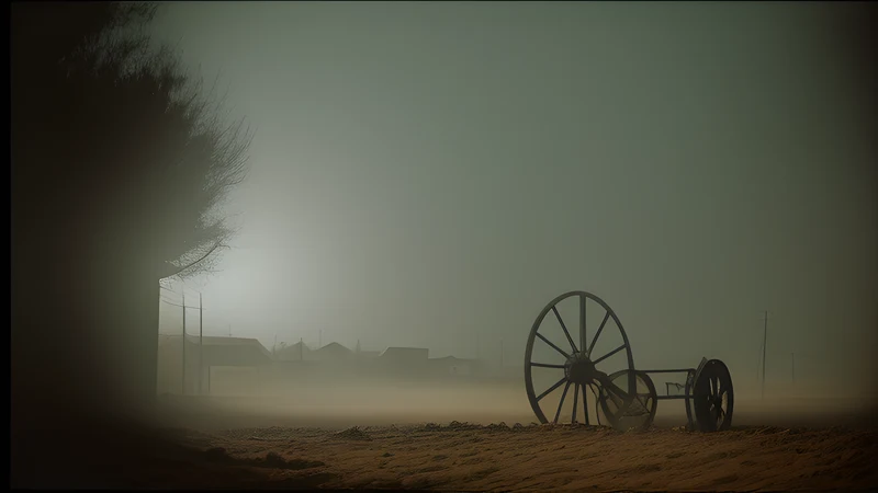A gaunt horse and cart against a windswept plain under a bruised sky, repertory-poster style in teal and amber