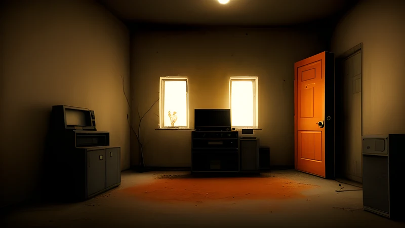 An empty room containing a single unmarked door, lit by amber CRT glow and scanlines