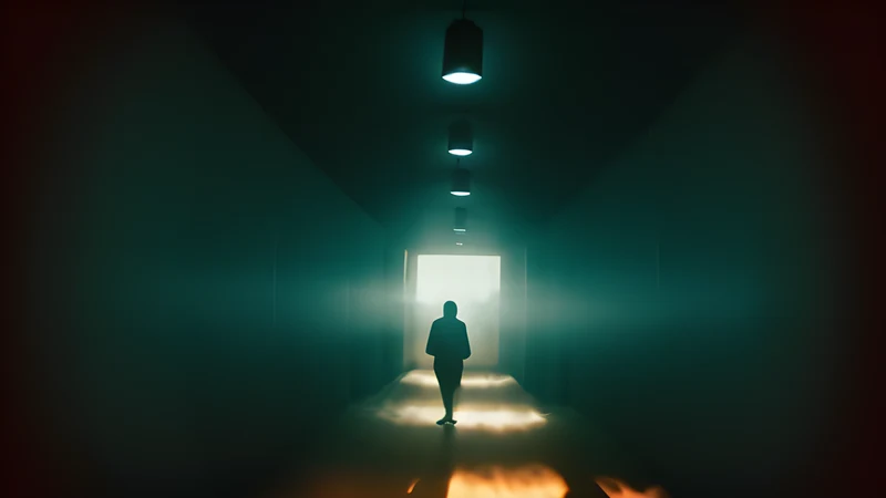 Repertory cinema poster in teal and amber: a warped corridor seen through a distorting lens, projector light and grain in the smoke.