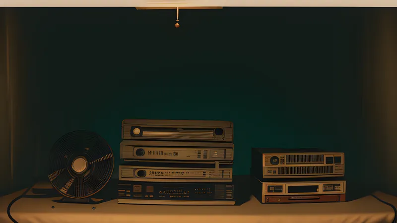 A stack of confiscated VHS tapes in an evidence box under a bare interrogation lamp