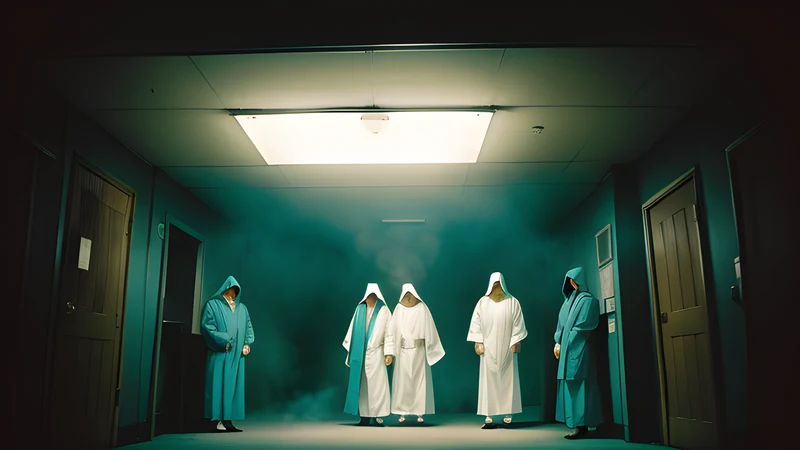 A lone hospital at night ringed by robed figures in triangular white hoods
