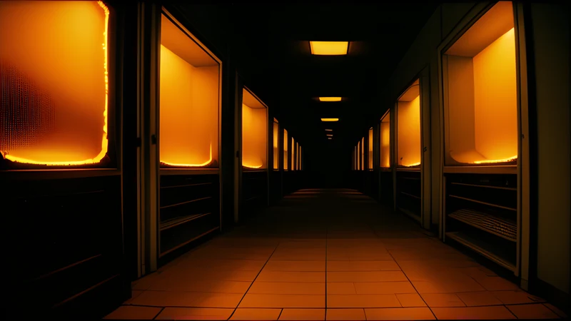 A long hallway of open doors receding into amber haze, each doorway lit from within