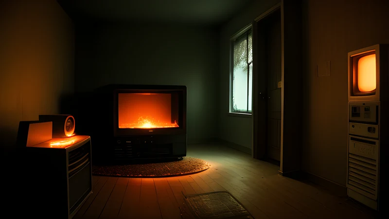 A lit path leading through the rooms of an empty house at night