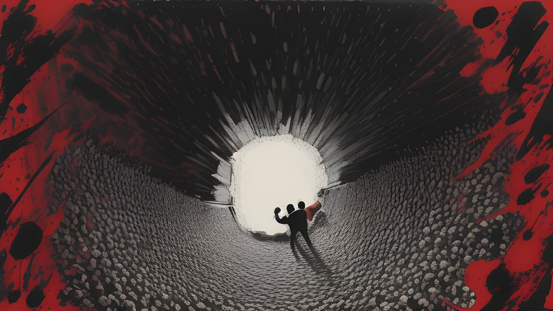 A crowd split into two facing walls with a bare gap between them, seen from above, about to charge, in splattered crimson ink