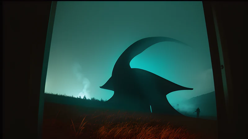 A manta-shaped war machine with a cobra-headed lens drifting low over a dark hillside