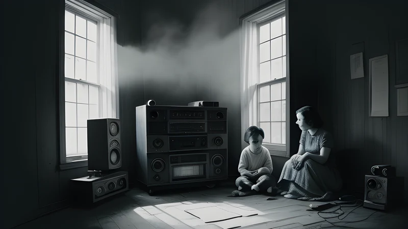 A 1930s family gathered around a wooden radio set, empty streets visible through the window