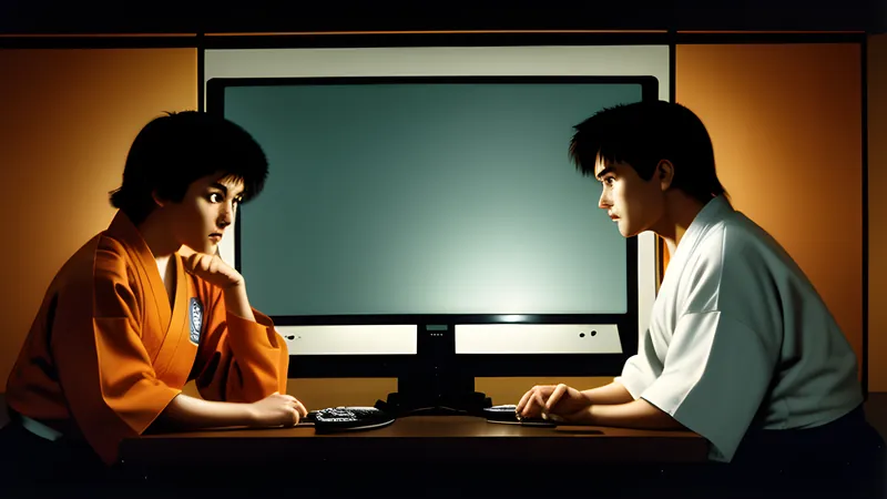 Two fighters frozen in a formal karate stance, rendered in amber CRT scanlines