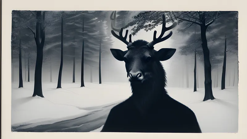 A gaunt, emaciated antlered figure standing in a snowbound northern forest